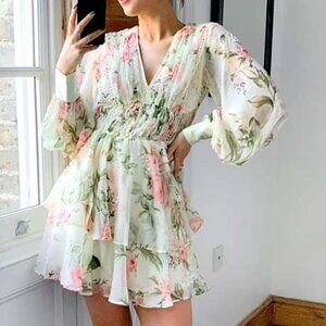 ASOS design yellow floral bodice pearl detail long sleeve mini dress size 4